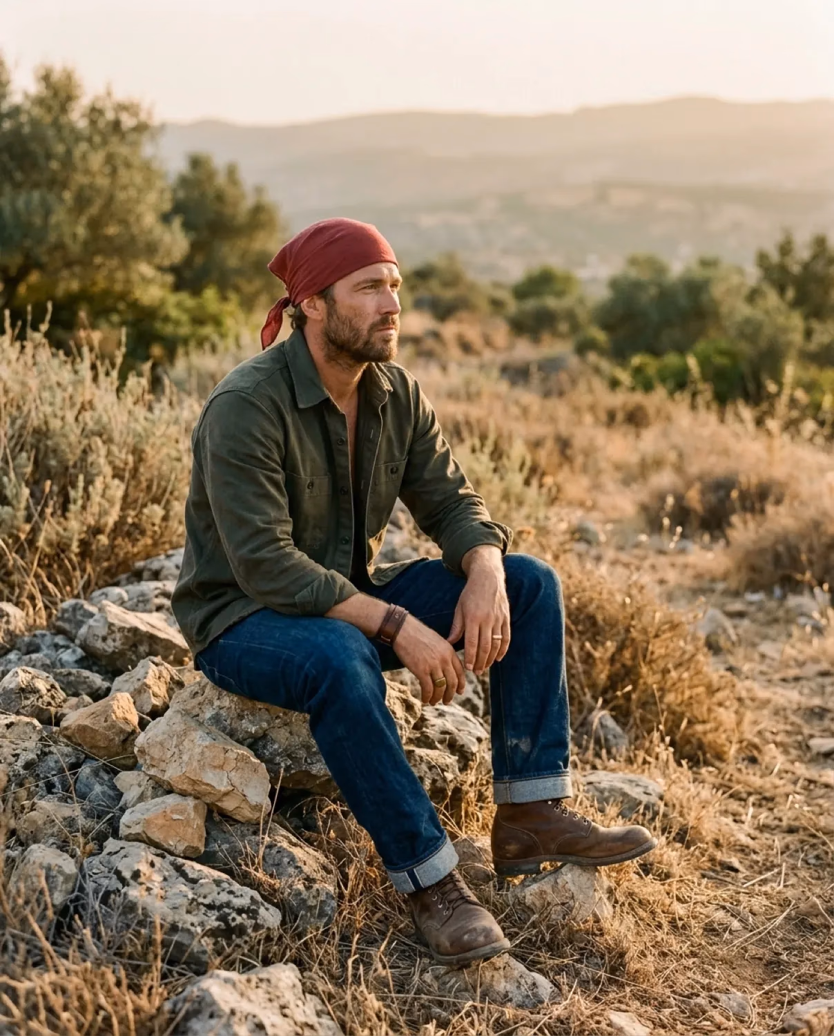 Lookbook: Mann mit Bandana, Selvedge-Denim und Heavyweight-Tee, Wüstenkulisse, kontrastreiches Foto