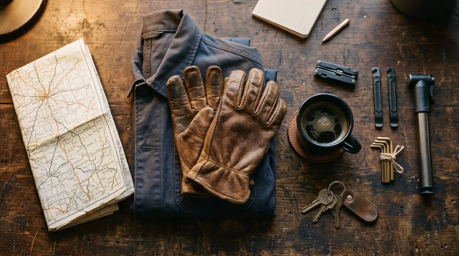 Roadtrip-Stillleben: Lederhandschuhe, Karte, Tasse Kaffee auf Werkbank