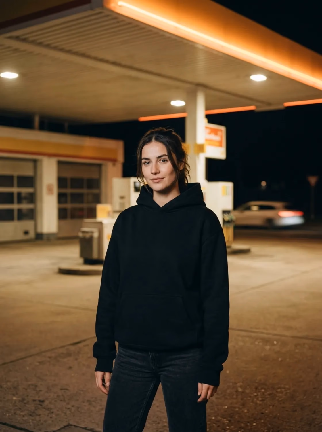 Portrait einer Frau mit Hoodie „Headwind", Tankstelle bei Nacht, Neonlicht