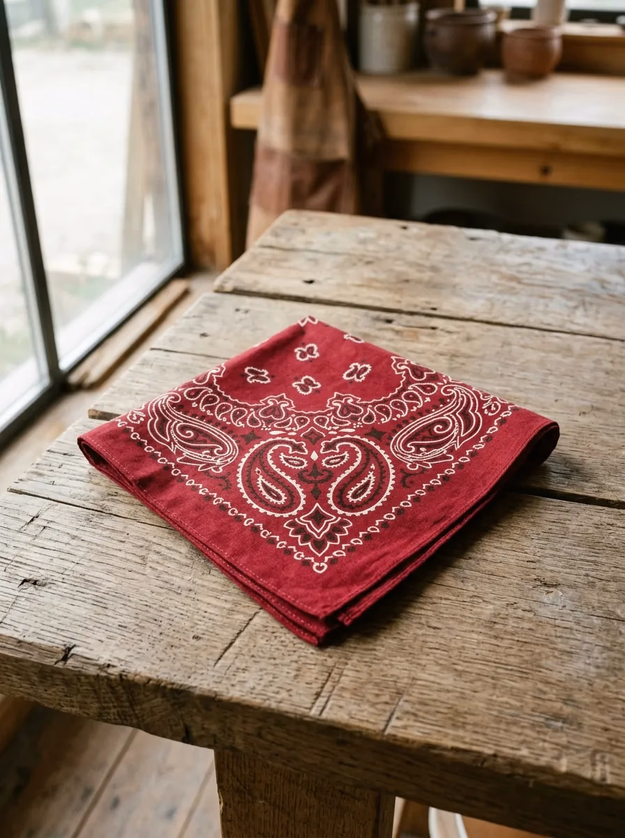 Rotes Paisley-Bandana auf rauem Holzbrett, Top-Down, Naturlicht