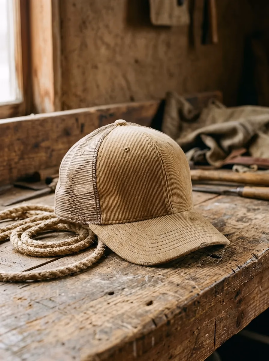 Trucker Cap mit Cord-Front und Patch auf Werkbank, Heritage-Stil