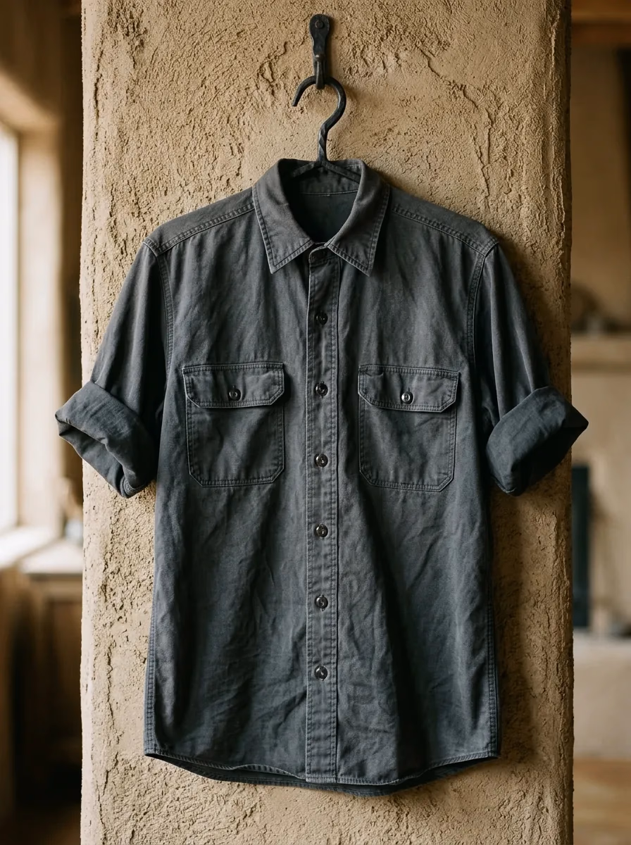 Dunkles Workshirt mit Patch auf der Brust, Detail-Foto, harte Schatten