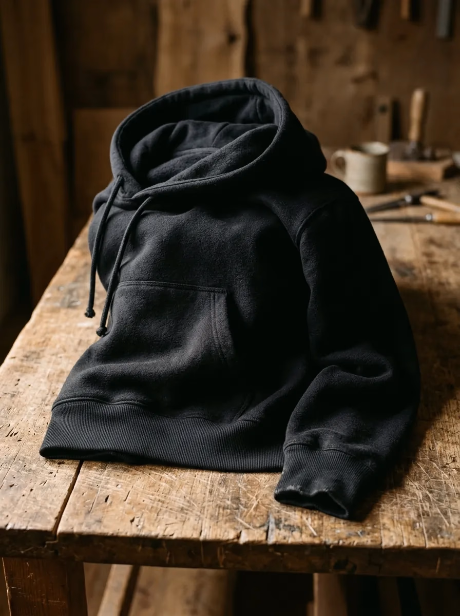 Tarmac-schwarzer Hoodie auf rauem Holztisch, Heritage Studio-Look