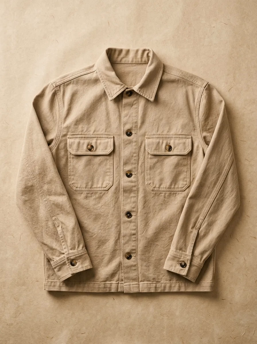 Beiges Overshirt im Heritage-Stil, frontal Studio-Foto vor Worn-Parchment-Hintergrund